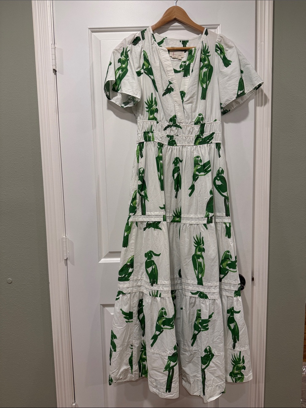 Anthropologie White Maxi Dress with Green Botanical Silhouette Print
